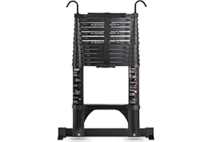 Teenza Telescopic Ladder 3.8m, Light Extension Ladder Aluminum, Free Height Adjustment, Maximum Load Capacity 150kg, Black