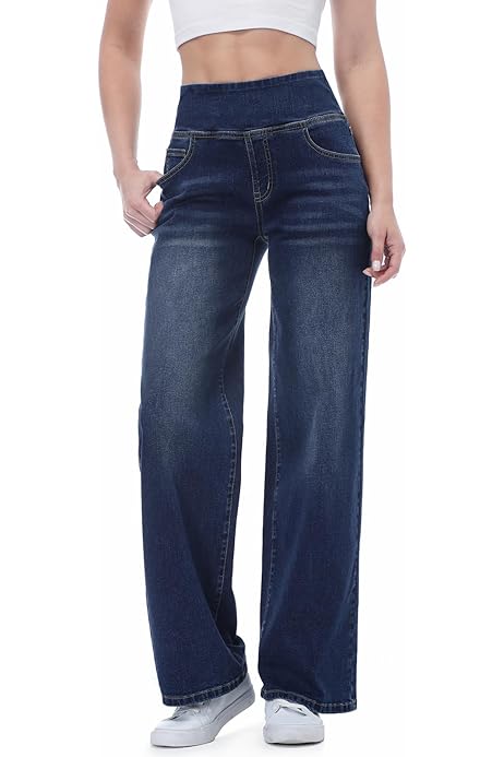 Damen Baggy Jeans Weites Bein - High Waist Stretch Jeanshose | Bequeme Freizeitjeans