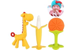 GOLDGE Mordedor para bebé, Mordedor de Fruta para la dentición para bebés,sin BPA Natural Organic Freezer Safe Silicone Teethers-Naranja * 1 + Plátano Blanco * 1 + Jirafa amarilla * 1