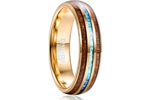 Vakki 6mm/8mm Wolframringe für Herren/Damen, Hawaiianische Koa-Holzeinlage, Kuppel, Abalone-Muschel/blaue Mitte, Eheringe, bequeme Passform, Größe 4 bis 17