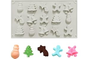 PTAIZJJZ Stampo per cioccolato natalizio, 1 confezione da 15 cavità Stampo in silicone natalizio Stampo per caramelle, Albero di Natale Pupazzo di neve Fiocco di neve Campana Biscotti Dessert Caramelle