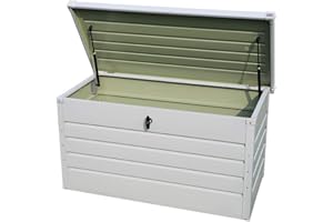 DKIEI 360L Metal Garden Storage Box Waterproof Outdoor Storage Container Furniture Deck Box Outdoor Storage Bench with Lockable Lid for Patio Cushions Tools and Pool Toys White