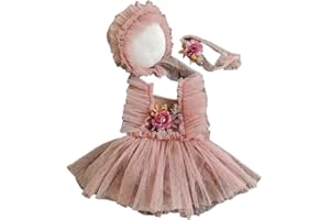 HERBESTS Baby Mädchen Fotografie Kostüm Requisiten Strampler Spitze Tütü Kleid Bodysuit Fotoshooting Outfits Mädchen Spitze Prinzessinnen-Kostüm mit Hut Fotografische Requisiten Outfits,Rose Blume,0-1 Monate