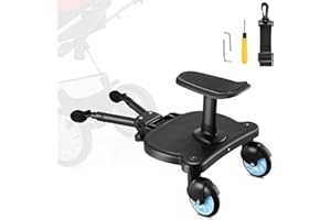 SEAAN Universal Buggy Board with Seat, Kiddy Board, Pram Standing Board with Stable Two Wheel Design, 360° Rotation Buggy Board fits 99% Baby Carriages (Black) for Children from 2-6 Years (25kg)