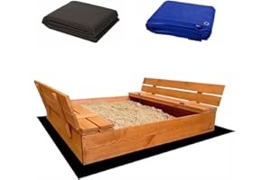LADANAS bac à Sable Enfant en Bois fermé de 120 x 120 cm avec bancs-bac a Sable avec Couvercle- Bois de pin imprégné - INCL.1 bâche de Protection 1 bâche Isolante