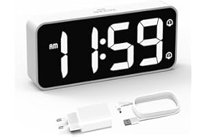 HOMVILLA Sveglia da Comodino, Sveglia Digitale con Led Numeri Grandi, 0-100% Dimmer, 90-120 dB Volume, 2 Allarme, 12/24H, Snooze, Porta di Ricarica USB (Adapter Incluse), Bianco