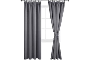 DWCN Grey Blackout Curtains for Bedroom Thermal Curtains Pencil Pleat Short Window Curtains with Hooks for Track Rail Curtains for Living Room 46 x 90 inch Length, Grey, 2 Panels