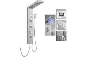 ROVOGO LED Colonne Panneau de Douche Hydromassante sans Mitigeur, 5 Fonctions: Douche Pluie, Jets de Massage, Douchette, Bec de Baignoire et Affichage de la Température, Acier inox 304, Brossée