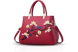 NICOLE & DORIS Sac a Main Femme Elegant Sacs Portés Main Brodé Sac à Main Porté Épaule PU Cuir Sac Bandouliere Chic Sac Pochette Fleur Vin Rouge