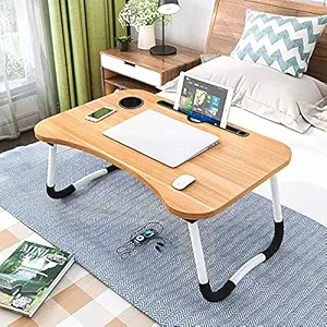 CREAT Foldable Bed Study Table Portable Multifunction Laptop Table Lapdesk for Children Bed Foldabe Table Work Office Home with Tablet Slot & Cup Holder Bed Study Tabl Black Coloured (Wood)