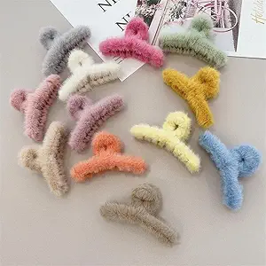 HKD Sales Pack of 2 Pices Soft Faux Fleece Fur S Curve Large Hair Clutcher,Hair Clips Claw,Hair Accessories, Random Color For Women & Girls