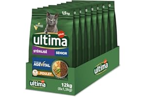 Ultima Croquettes pour Chat Sterilise - 10 Ans avec du Poulet - Pack 8 x 1,5kg