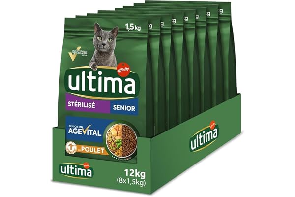 Ultima Croquettes pour Chat Sterilise - 10 Ans avec du Poulet - Pack 8 x 1,5kg