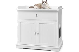 COSTWAY Szafka dla Kota 3 w 1 - Domek, Toaleta, Komoda z Szufladą i Drzwiczkami - Meble dla Zwierząt Domowych, Kolor Biały