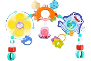 TIDEVAN Juguetes Sensoriales de Cuna Plegable Juguetes de Viaje Juguete para Cochecito Bebé con Sonajero de Animales, Molino de Viento, Mordedor, Juguete para Cochecito bebé con Clips Ajustables