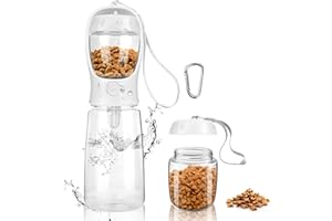 MYOWELL Tragbare Trinkflasche Hunde - 550ml Hundetrinkflasche für Unterwegs mit 100g Hundefutter Becher, für Große Kleine Hunde Leckdichte Wasserflasche (Weiß)