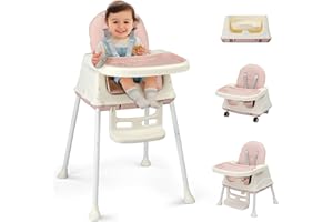 LALAHO 3-in-1 Baby High Chair, Portable Adjustable Height Feeding Highchair with Removable Dual-Layer Tray, 5-Point Safety Harness and Locking Wheels for Toddlers & Babies, Pink