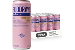 GOODRAYS Re:Focus Drinks, Sparkling Low Calorie Soft Drink with Magnesium, Lion's Mane Mushroom, Vitamin D and Electrolytes, Natural Sleep Stress and Anxiety Relief, Mixed Wild Berry, 12 x 330ml Cans