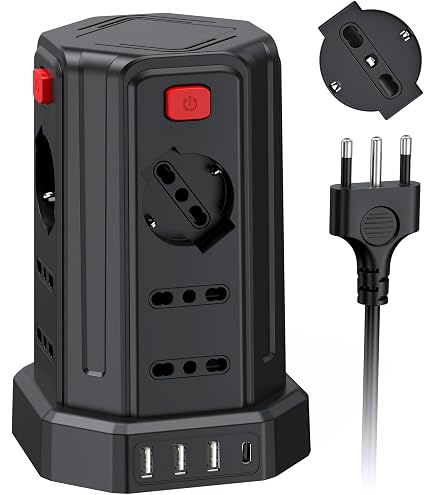 VOOMY Multipresa Verticale Con 12 Prese ITA, 2 USB-C 20W PD3.0 E 3 USB-A – 4000W, Protezione Sovratensione, 2 Interruttori E Cavo 2 M, Nero!