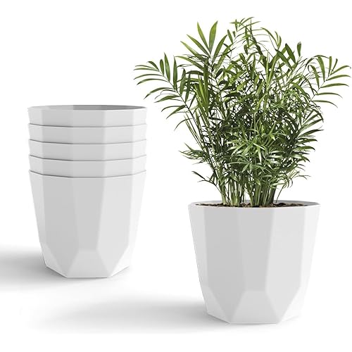 YUCCABE ITALIA SHERA Hexa Plastic Flower Pot with Drainage Holes Round Planter Pot Suitable for Indoor Outdoor Kitchen Garden (White, 12 INCH - 6 Pcs)