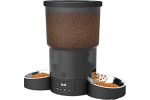 SURDY 5L Futterautomat Katze 2 Näpfe, Futterspender für Katzen & Hunde, Gleichmäßig Verteilung Katzenfutter mit 2 Edelstahlschüsseln,10s Mahlzeitenaufzeichnung und Timer-Einstellung 1-6 Mahlzeiten/Tag