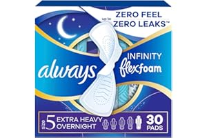 Always Infinity Feminine Pads for Women, Flexfoam Pads with Wings, Size 5, Extra Heavy Overnight Absorbency, Unscented, 30 Count