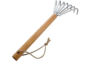 GAOGE Hand Rake, Steel Digging Tool with Wooden Handle for Garden Transplanting, Precision Digging, and Soil Leveling, Long handle / 7 Short spike, silver