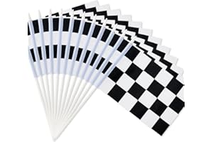 Novelty Place 8"x 5.5" Drapeau de bâton de Course à Carreaux Noir et Blanc - Bâton en Plastique - Décorations pour Course, fête de Voiture de Course, événements Sportifs (Paquet de 12)