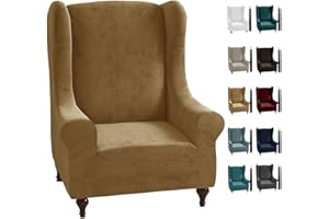 CHELZEN Stretch Velvet Wingback Chair Slipcover Soft Slipcovers for Wingback Chairs Wing Chair Cover with Elastic Bottom (Wing Chair, Camel)