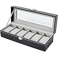 Ohuhu Watch Box with 6 Slots, Watch Case with Glass Lid, PU Leather Watch Holder with Velvet Pillows, Watch Storage Box for Men and Women, Gift Idea for Birthday Father's Day Christmas