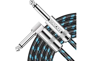 SONICAKE Braided Guitar Cable 6m/20ft Guitar Instrument Cable 6.35mm 1/4" Right Angle to Straight Black Blue