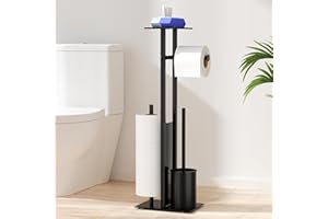 susswiff Porta carta igienica inox da appoggio con scopino - con scatola salviettine umidificate, ripiano in vetro (nero opaco)