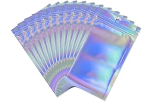 Rimiko 50 Piezas de Bolsas Holográficas de Aluminio Resellables, Bolsas Mylar Herméticas para Alimentos, Bolsas Planas con Cierre Zip para el Embalaje de Productos (Holográfico, 12x20cm)