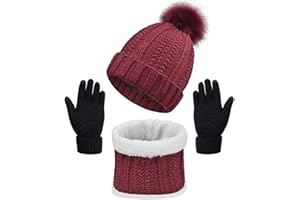 Joligiao Bufanda Gorro Invierno Guantes Set de Bufanda Lana Punto Calentador de Cuello Mujer Gorro de Pompón Cálido Guantes de Pantalla Táctil Punto Sombrero Forro Polar,Vino Tinto,talla única