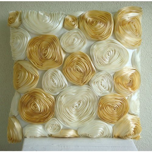 handgefertigt Elfenbein Kissenbezüge, Band-Goldrosen-Blume Floral Theme Kissen Decken, 50×50 cm Kissen Decken, Blumen Modern Kissenbezüge, Platz Seide Werfen Kissen Decken – Gold N Ivory Blooms - 2