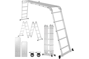 Cecaylie Mehrzweckleiter 4x5 Stufen, 5,82M Alu Multifunktionsleiter mit Plattform und Rollen, 7 in 1 Vielzweckleiter Klappleiter 20 Sprossen bis 150 kg