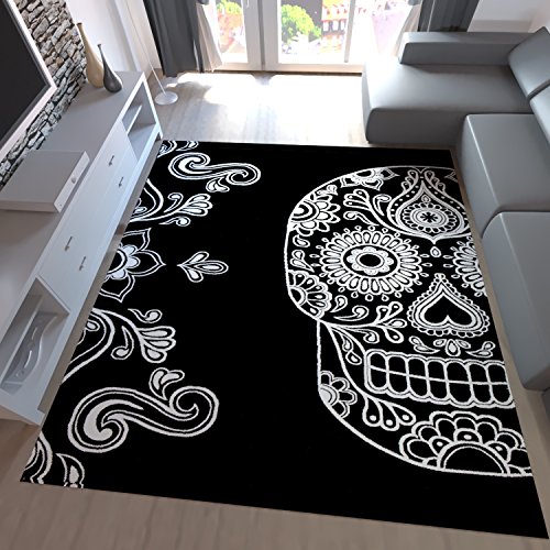 Designer Teppich Schwarz Weiß Kunstvoll Modern Totenkopf Motiv - Teppich-Home, Maße:160x230 cm