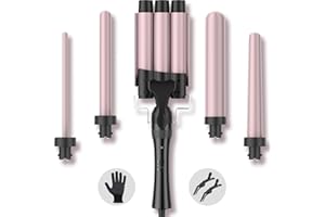 ELEHOT-STORE Hair Waver Curling Wand Iron Tong, Chopstick, 5 in 1 Hair Curler for Long Hair 10mm-32mm with 2 Crocodile Clips 1 Anti-Scald Silicone Gloves, PTC Ceramic Triple Barrels LCD 180°C & 210°C