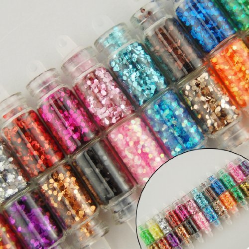Wholesale Solutions - Nail Art X24 Hexagon Glitter Glass Mini Bottles Manicure Decoration Accessories