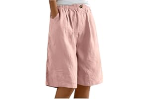 WYONGTAO Short en Lin Et Coton Femme Été Chic Shorts Bermuda pour Femmes Bouton,Short Décontracté Femme pour Vacances Plage avec Poches,Jogging Pantalon Court Longueur Genou De Sport en Lin