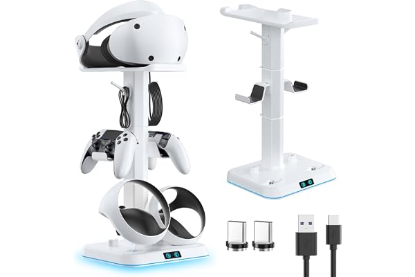 Kosker Support de Charge Multifonctionnel pour PS VR2 avec Rangement Étagère, Station de Charge Rapide Magnétique pour Manettes PlayStation VR, Accessoires pour Casque VR et Manettes