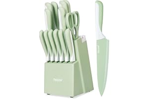 hecef Set de 14 Couteaux de Cuisine avec Bloc Aiguiseur, Revêtement Antiadhésif – Compatibles Lave-vaisselle, Manches Ergonomiques, Gain de Place, Idéal pour Cadeau ou Cuisine Moderne (Vert)