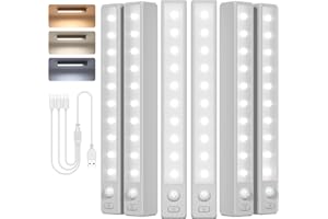 JVURICE Schrankbeleuchtung LED Bewegungssensor, 18 cm Kompakt Treppenlicht, 7000/4500/3000 K Farbtemperatur, Helligkeitsregelung, Magnetlampe, USB-C Aufladbar für Schubladen, Vitrinen(6er Pack)