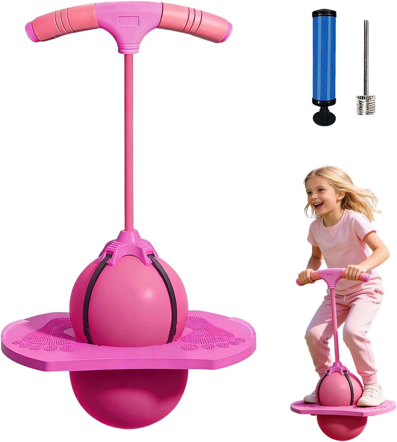 XILEPINGAN Balón de Salto Equilibrado, Pelota Saltarina con Mango, Pelota Saltarina para Adultos, Pelota Saltarina De Equilibrio, con Bomba, para Interior Exterior (Rosa)