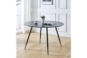 Hallowood Furniture Cullompton Large Black Dining Table with Black Metal Legs, Wooden Effect Top 4-6 Seater Round Table for Dining Rooms, Kitchens, or Cafés