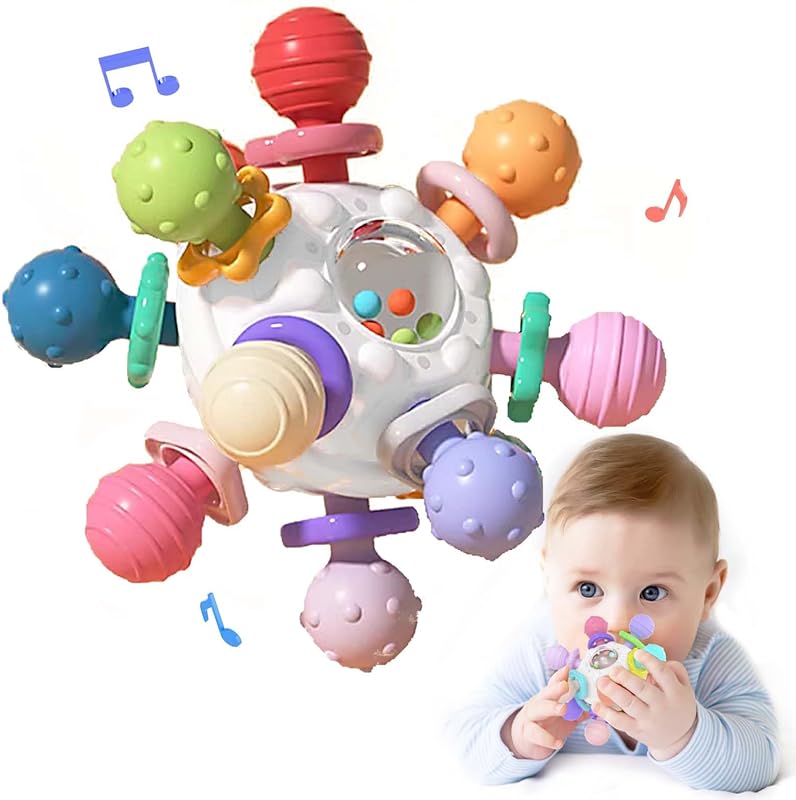 BeiĂspielzeug Baby ab 3 Monate, Sensorik Rassel Greifball Babyspielzeug aus Silikon, Montessori Motorikspielzeug Baby Geschenk ab 0 6 9 Monate 1 jahr (WeiĂ)