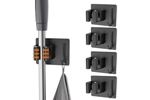 SHYOSUCCE 4pcs Broom Mop Holder, Stainless Steel Broom Storage, Wall Mounted Organizer for Kitchen, Bathroom, Garage and Garden, Black