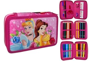 CARTOON Astuccio 3 zip Principesse Disney completo 44 pezzi per la scuola multiscomparto penne matite colori pennarelli giotto