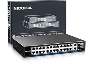 24 Port PoE Switch Unmanaged, 24 Port PoE+@400W, 2 Gigabit Uplink Ports, NICGIGA 26 Port Network Power Over Ethernet Switch, VLAN Modus, 250m Verlängerung, 19 Zoll Rackmontage, Plug and Play.