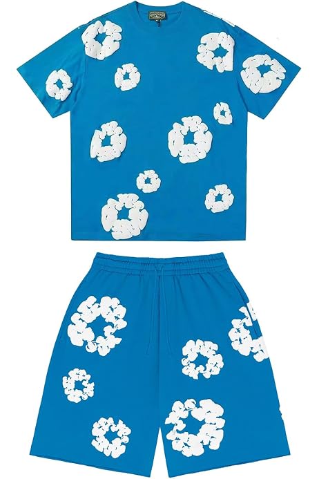 Ensemble Short + T-shirt Homme été - Imprimé Fleurs, Coton/polyester, Taille élastique Avec Cordon